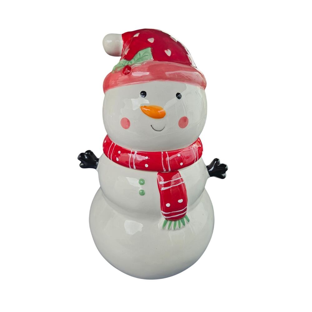 11x7 Snowman Cookie Jar by Holiday Time Ceramic Adorable! White Red